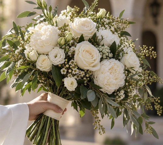 Close-up of a white rose and peony bouquet held in one hand