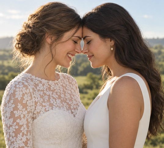Two brides standing forehead to forehead, smiling