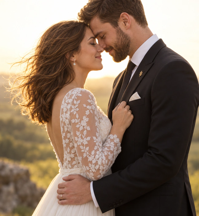 Bride and groom embracing at golden hour, foreheads together