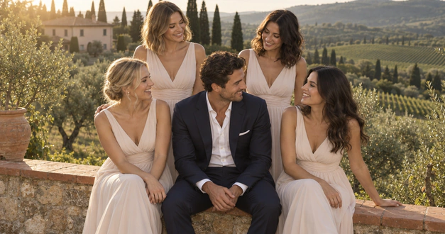 Groom seated with four bridesmaids on a stone wall, hills beyond