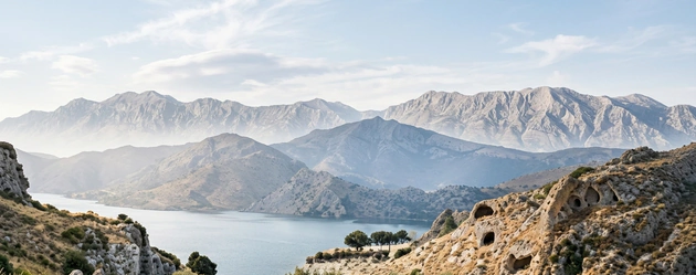 A panoramic view across the lake and mountains
