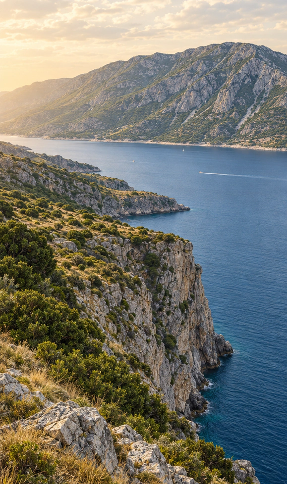 Golden evening light falling over a mountain lake