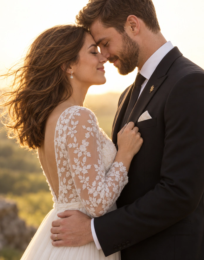 Tight portrait of a couple touching foreheads at golden hour