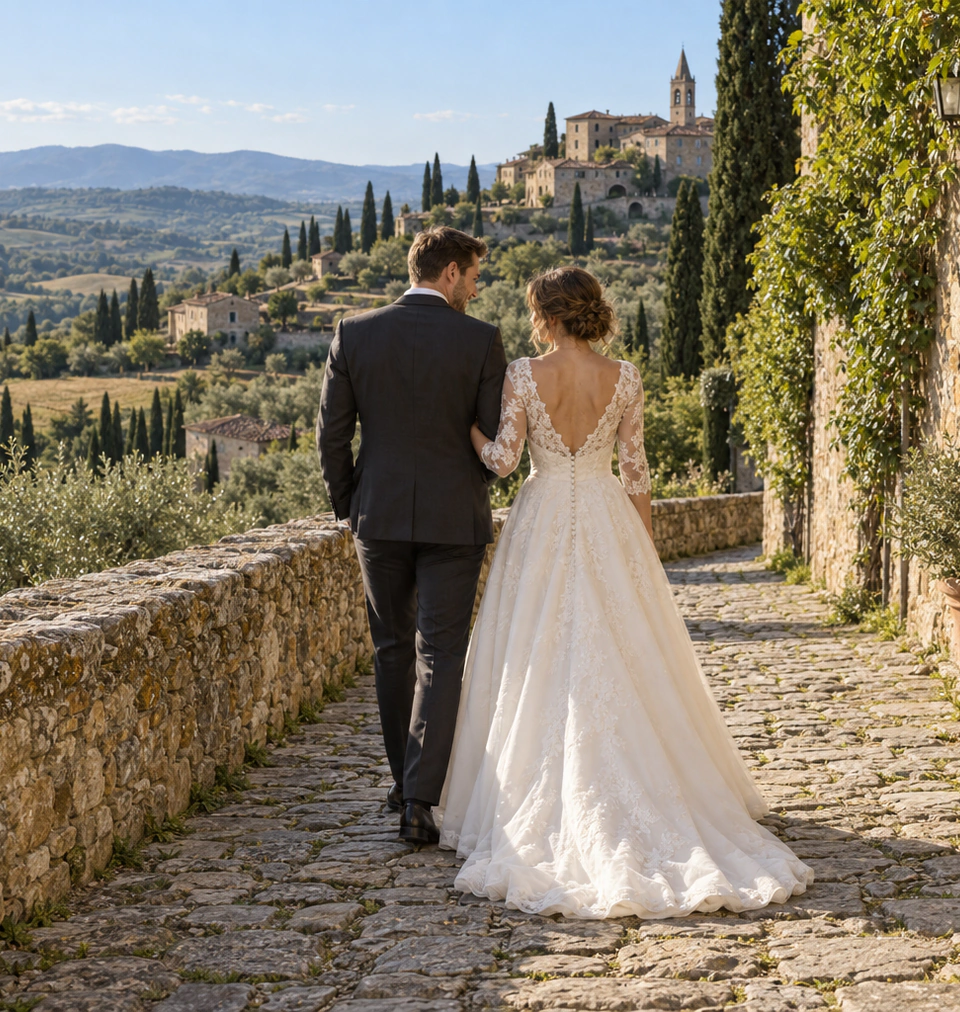 Bride and groom walking arm in arm down a stone lane toward a hilltop village